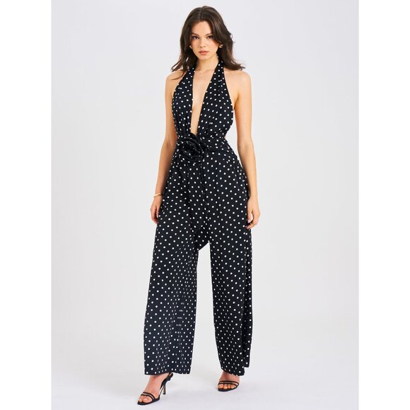 Oriana Black Polka Dots Halter Jumpsuit - Picture 2 of 16